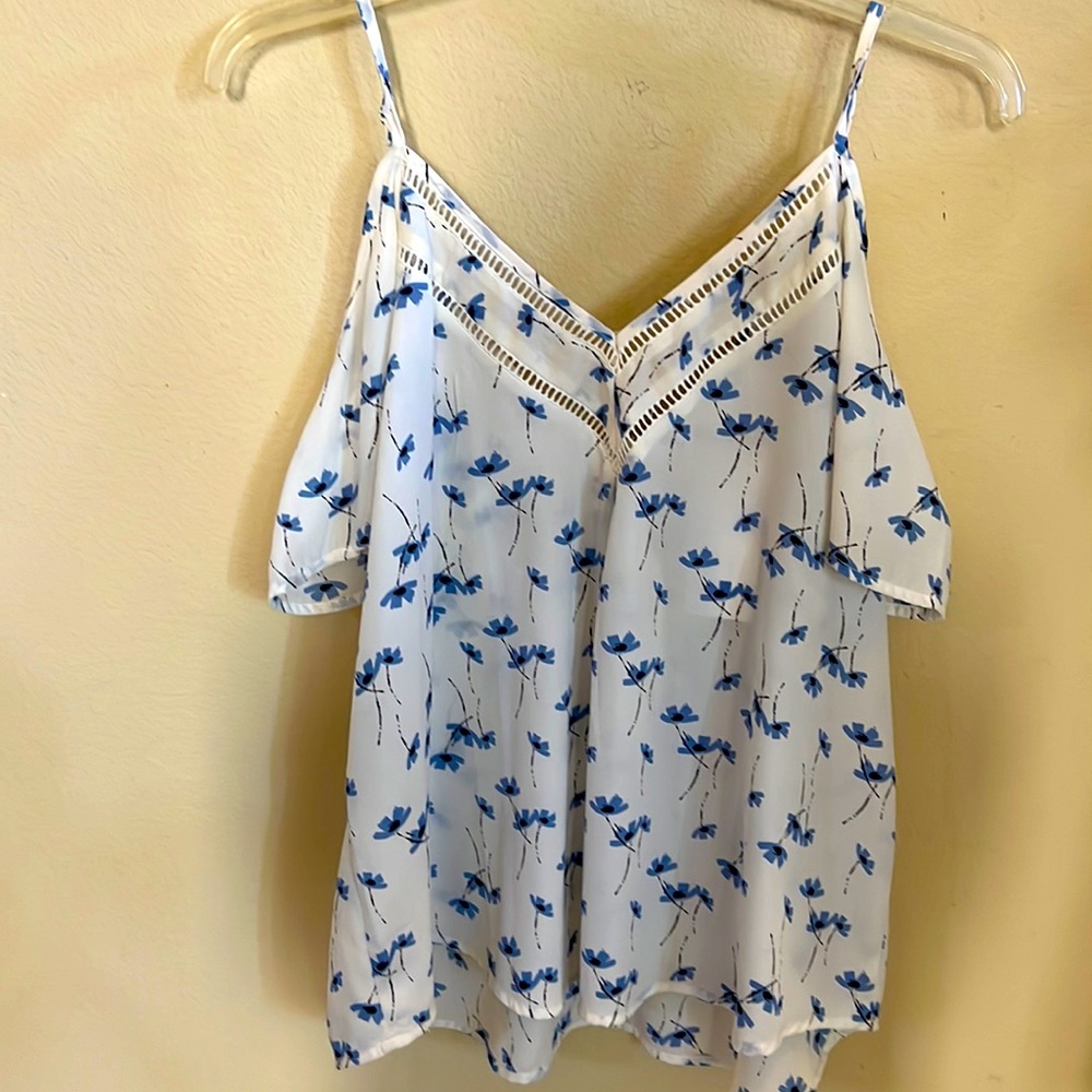 Sheer white blouse with blue flowers